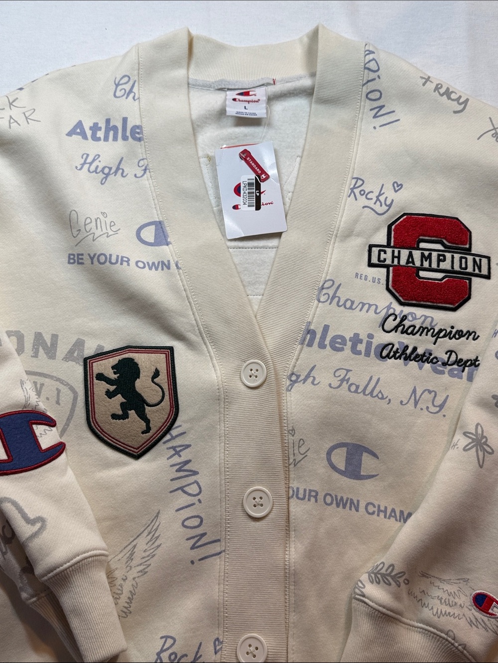 Champion AOP Graphic Cardigan Button Fleece Retro Cream Large L